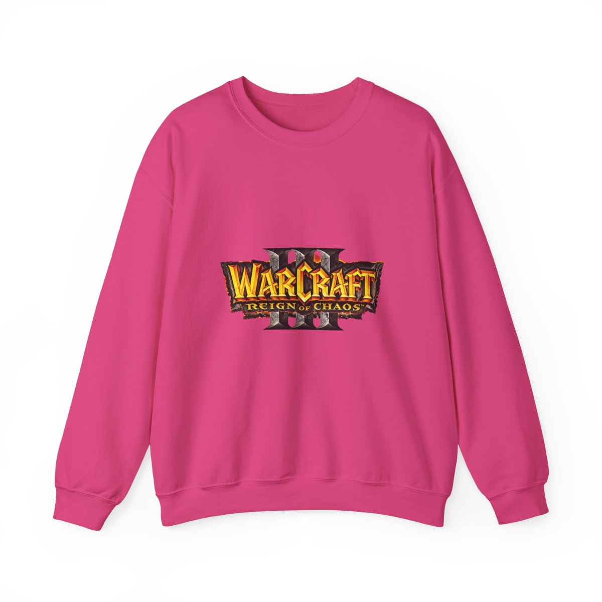 Black Sweatshirts with the Warcraft III: Reign of Chaos logo in red, orange, and yellow. The logo is in the centre. The shirt has short sleeves and a crew neck