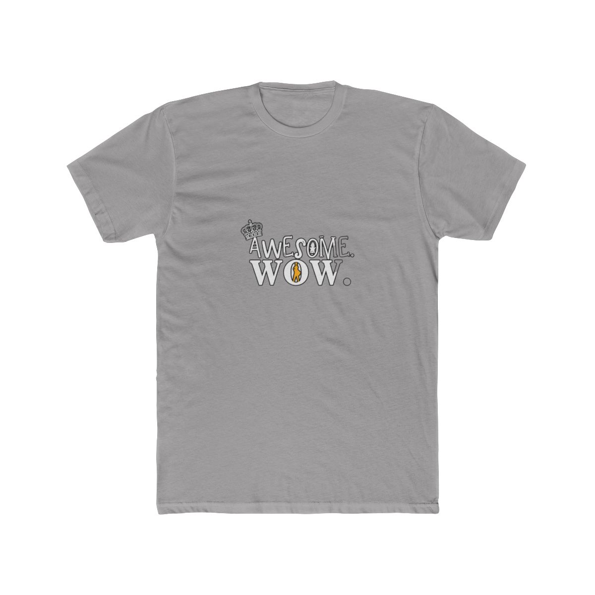 Black T Shirt with white text that reads "AWESOME. WOW." and a crown graphic above the text